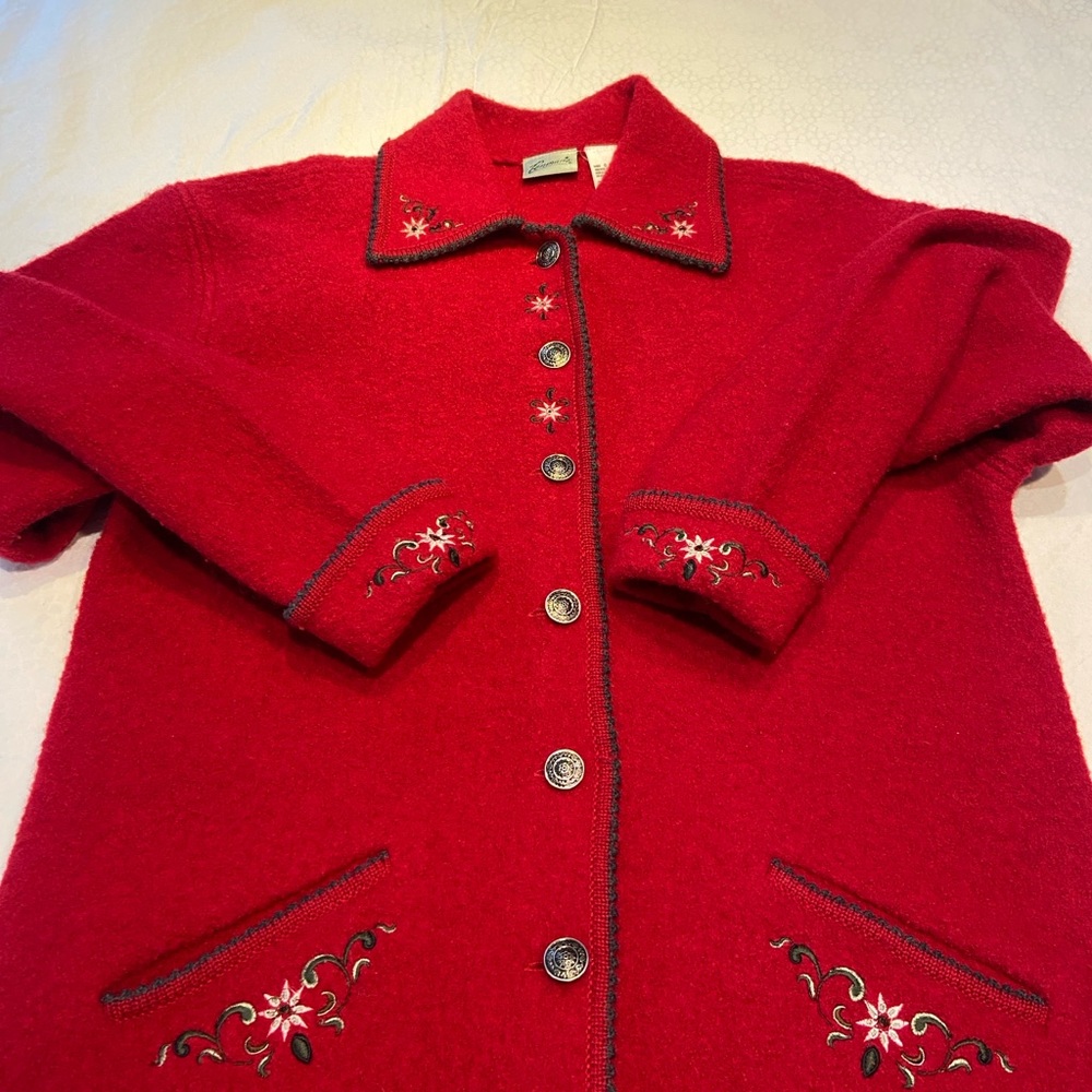 Red Embroidered Button-Up Cardigan